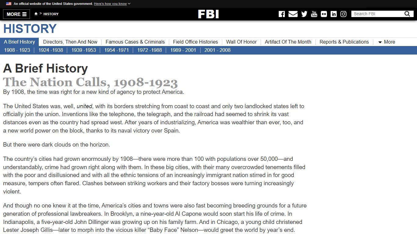 A Brief History — FBI - Federal Bureau of Investigation